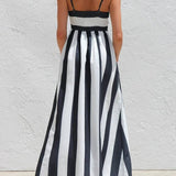 Rosa Clothing - Stripes block A-line maxi spaghetti straps dress