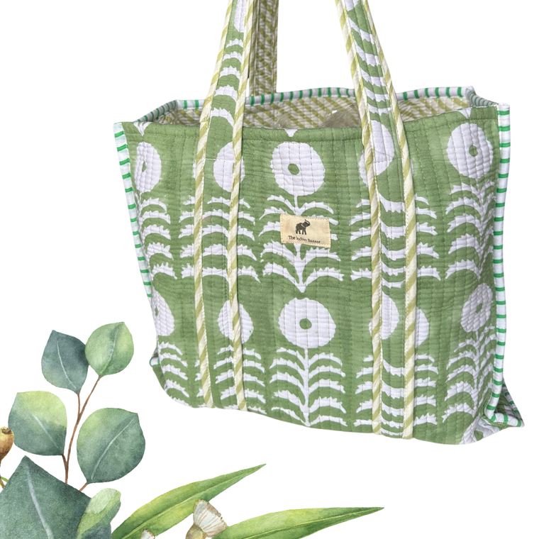 The Indian Bazaar - Quilted Cotton Reversible Tote Bag Green White Floral Print