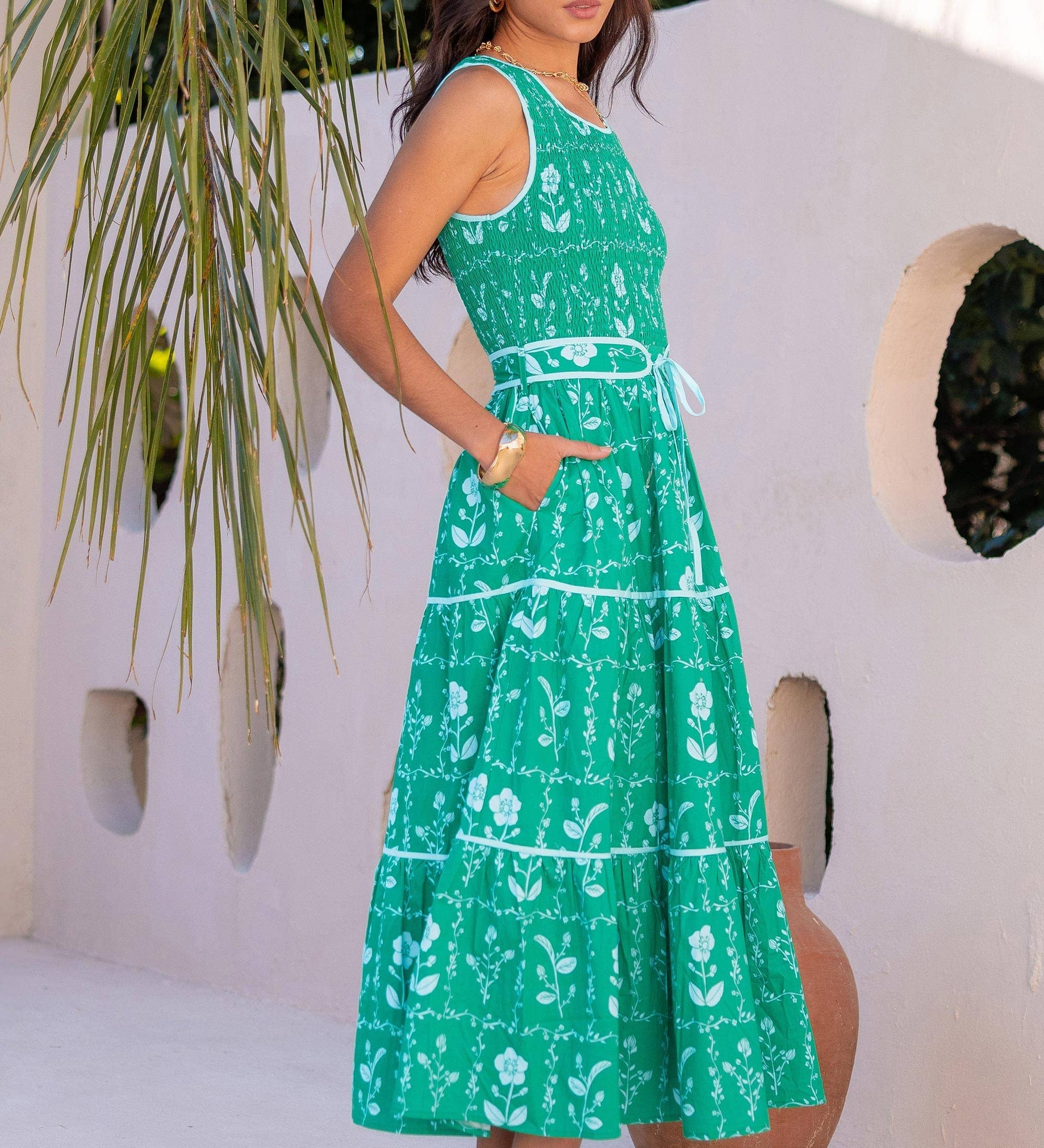 Strut & Bolt - Floral Print Smocked Midi Dress S / Green/blue Strut & Bolt - Floral Print Smocked Midi Dress S / Green/blue