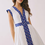 TCEC - CD06045-Contrast Printed Trim Detail V Neck Midi Dress
