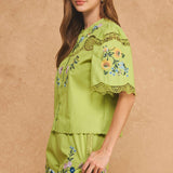 Strut & Bolt - Embroidered Floral Lace Detail Scalloped Short Sleeve Top