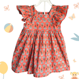 The Indian Bazaar - Girls Flutter Sleeve Dress - Peach Block Print