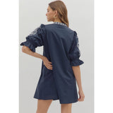 STYLE USA - Floral embroidered sleeve Solid mini dress