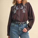 &MERCI - EMBROIDERED RUFFLED MOCK NECK TOP MTP5289