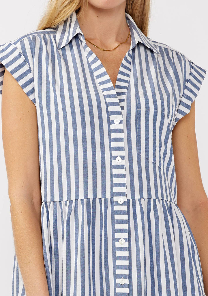 Lovestitch - Striped Collared Button-Down Tiered Dress