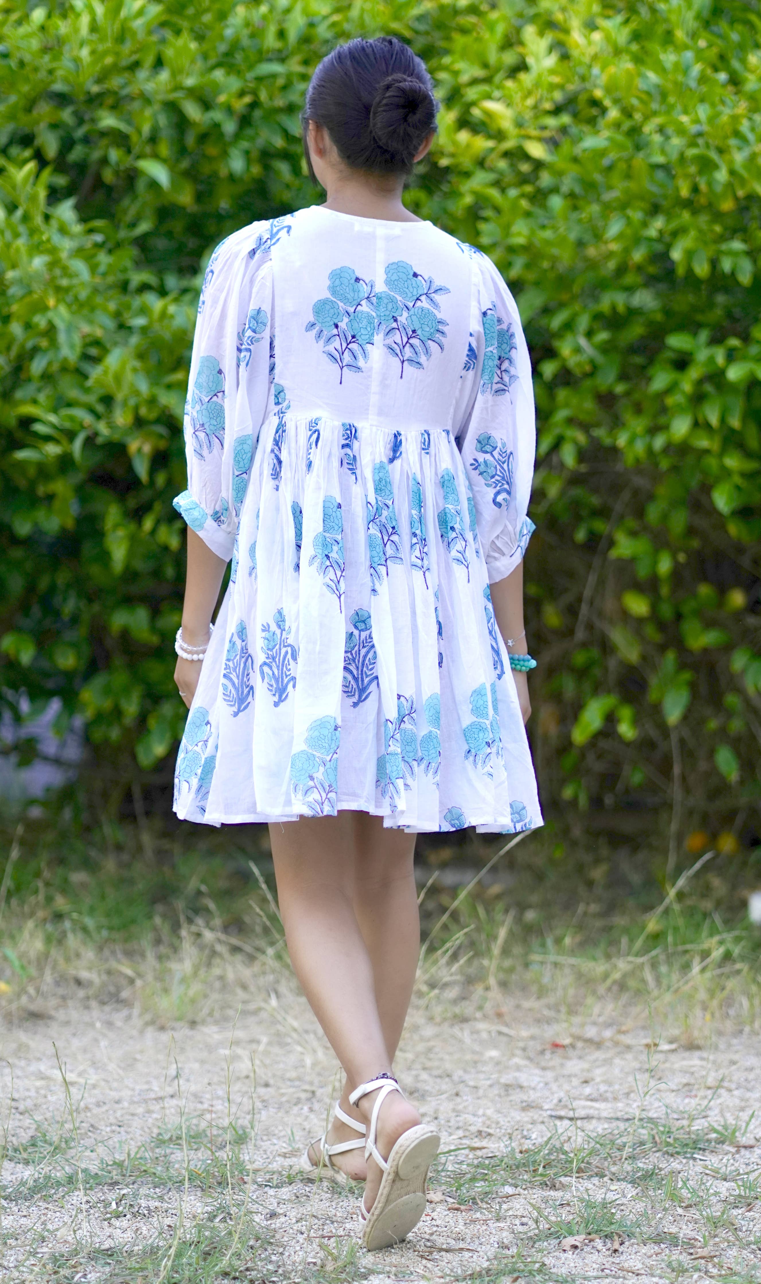 Dolma - Raya Block Printed Mini Dress White Turq