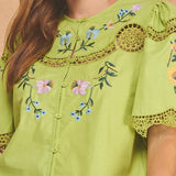 Strut & Bolt - Embroidered Floral Lace Detail Scalloped Short Sleeve Top