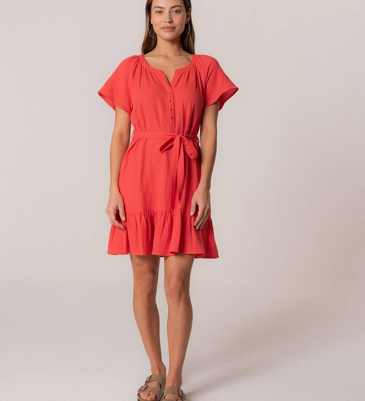 Lovestitch - Classic Cotton Gauze Short Sleeve Red Mini Dress