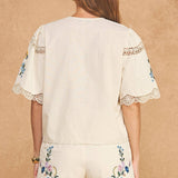Strut & Bolt - Embroidered Floral Lace Detail Scalloped Short Sleeve Top