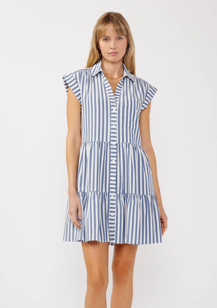 Lovestitch - Striped Collared Button-Down Tiered Dress