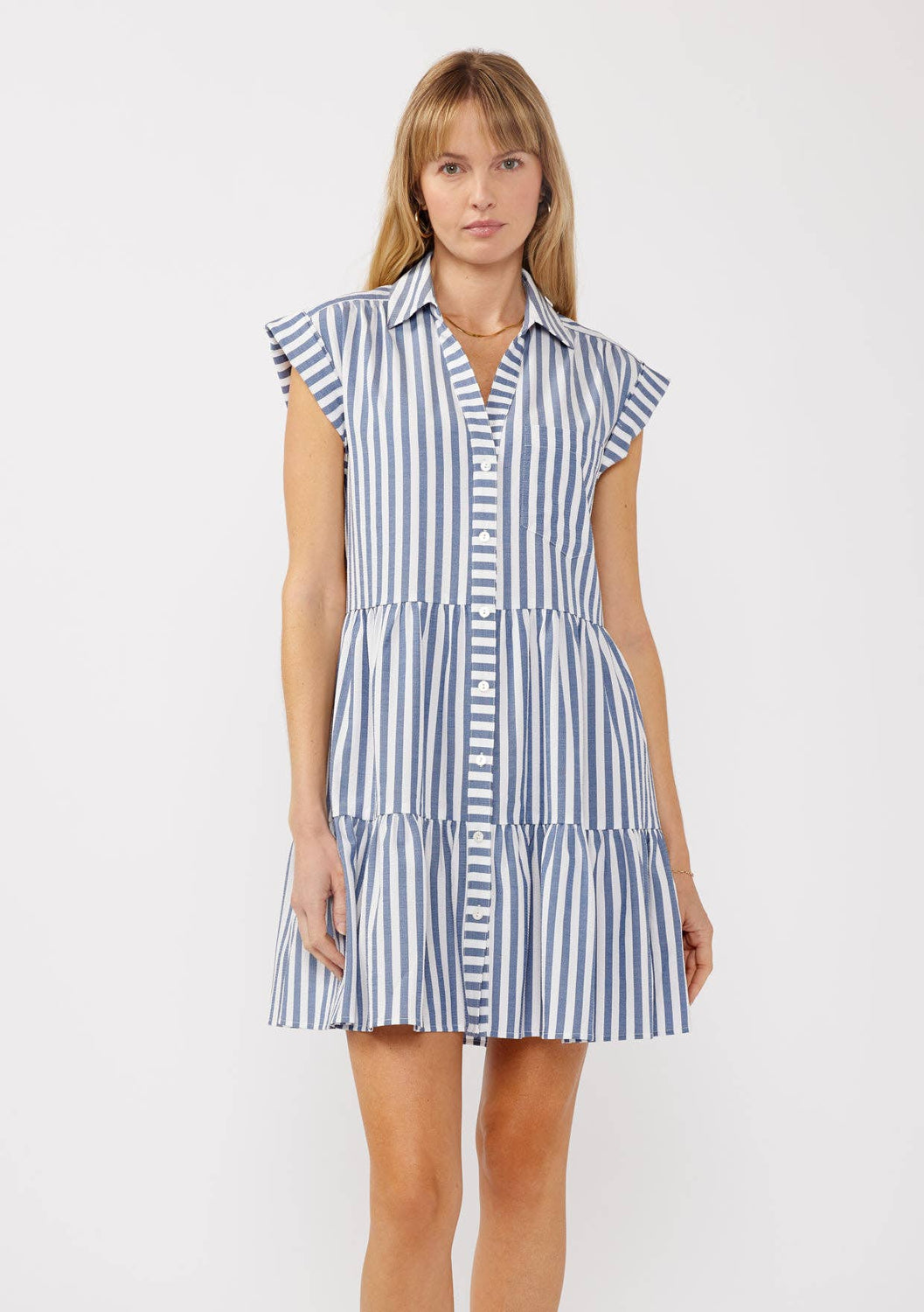 Lovestitch - Striped Collared Button-Down Tiered Dress