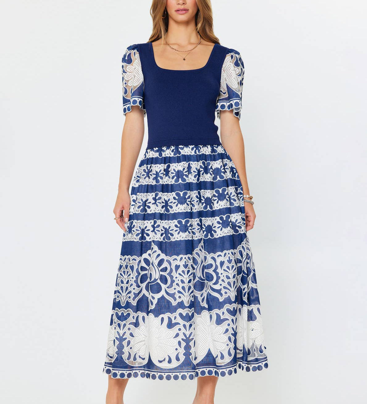 Current Air - Lace Embroidered A-line Midi Dress