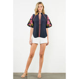 THML - Embroidered Puff Sleeve V-Neck Top