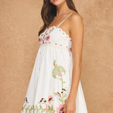 Strut & Bolt - Embroidered Palm & Floral Scalloped Babydoll Mini Dress