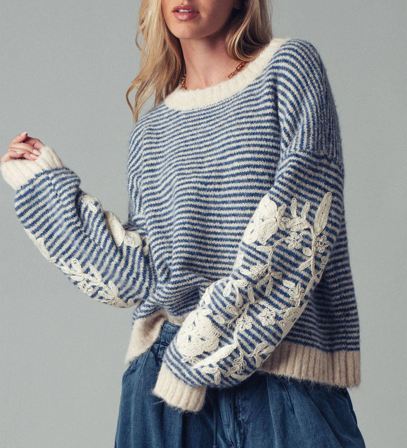 Urban Daizy - Floral Embroidered Striped Knit Sweater