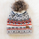 Panache Apparel Co. - White, Navy & Orange Patterned Pom Hat