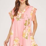 Strut & Bolt - Tropical Hibiscus V-neck Pintuck Mini Dress