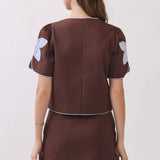 TCEC - CT9839-Appliqué Floral Short Puff Sleeve Structured Top