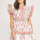 Strut & Bolt - Floral Block Print Poplin Ruffle Sleeve Mini Dress