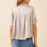 TCEC - CT9659-Pleated Detail Round Neck Short Metallic Top