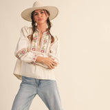 &MERCI - FLORAL CROSS STITCH EMBROIDERED PUFF SLEEVE TOP MTP4089
