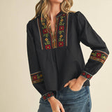 &MERCI - FLORAL CROSS STITCH EMBROIDERED PUFF SLEEVE TOP MTP4089