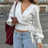 Rosa Clothing - Cozy Wrap Knit Sweater with Tie Waist and V-Neck