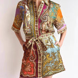 Rosa Clothing - Spliced Exclusive Paisley Print Resort Belted Shirt Dress