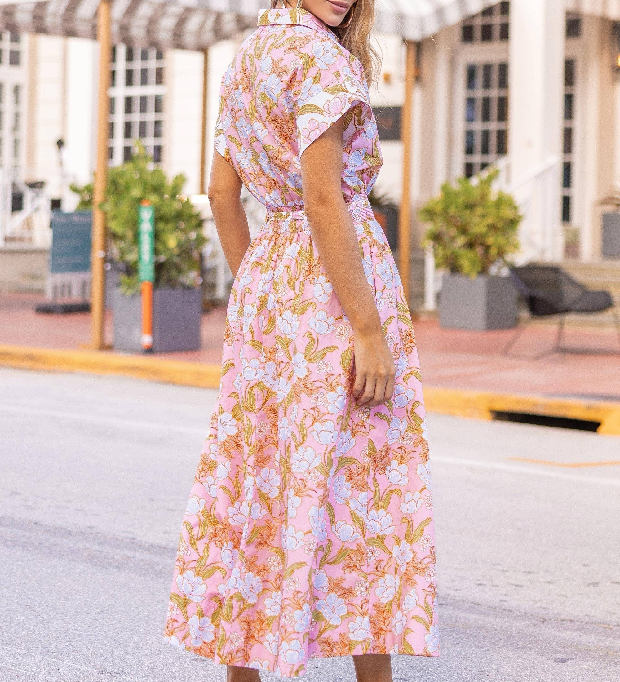 Strut & Bolt - Floral Print Block Shirt Midi Dress