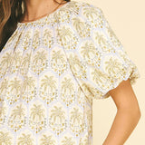 PINCH - TROPICAL PALM PRINT PUFF SLEEVE TOP - 7163TA