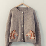 Urban Daizy - Western Horse Graphic Ribbed Trim Crew Neck Cardigan