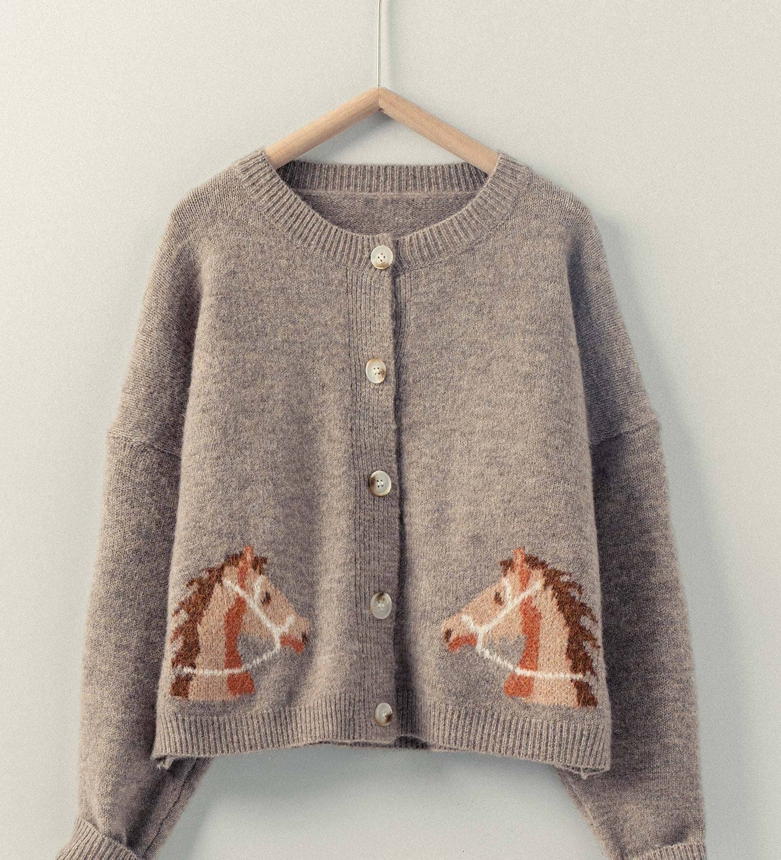Urban Daizy - Western Horse Graphic Ribbed Trim Crew Neck Cardigan