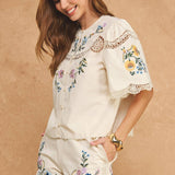 Strut & Bolt - Embroidered Floral Lace Detail Scalloped Short Sleeve Top