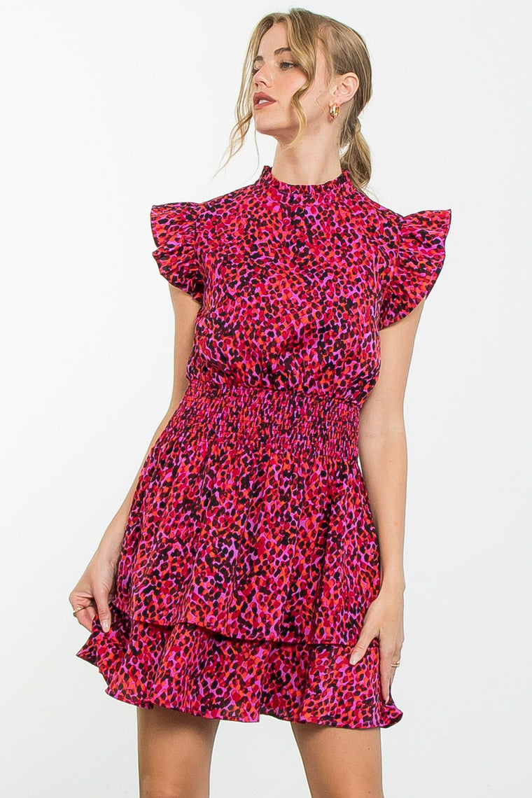 Smocked Waist Flutter Dress Bright Leopard Print